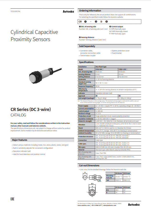 AUTONICS CR (DC 3-WIRE) CATALOG CR SERIES: CYLINDRICAL CAPACITIVE PROXIMITY SENSORS (3-WIRE)